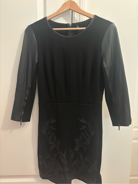 Theory Dresses & Skirts - Theory Black Dress with Leather Sleeves and Textured Floral Panel